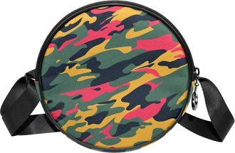 Generic Circle Crossbody Bag for Women, Colorful Camouflage Small Sling Bag Daypack with Zipper Adjustable Shoulder Straps Casual Ladies Girls Round Purse