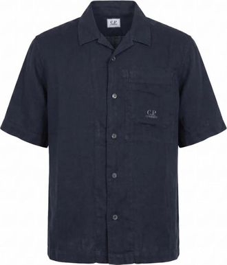 C.P. Company Korte mouw shirt met logo borduring - Heren - Korte mouwen Overhemden - Blauw - M - Linnen - Overhemden