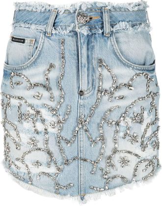 Philipp Plein crystal-embellished mini skirt - women - Cotton/Polyester/Cotton - S - Blue