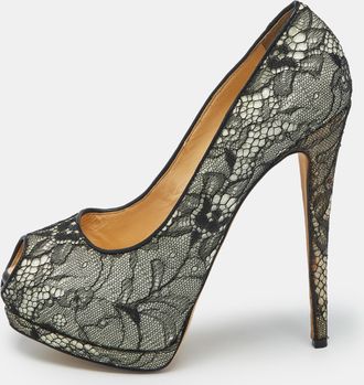 Giuseppe Zanotti Black/white Floral Lace Peep Toe Platform Pumps