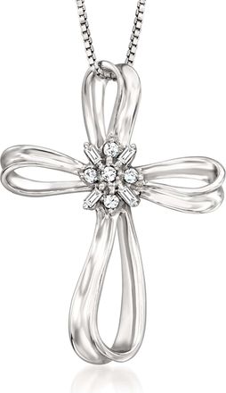 Ross-Simons Diamond Ribboned Cross Pendant Necklace in Sterling Silver