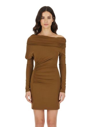 Andamane Beige Solid Off Shoulder Mini Dress