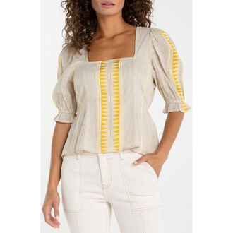 Liverpool Embroidered Puff Sleeve Shirt in Cream Brown Stripe at Nordstrom, Size X-Small