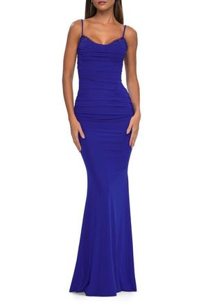 La Femme Net Jersey Prom Dress with Lace Neckline Detail in Royal Blue at Nordstrom, Size 10
