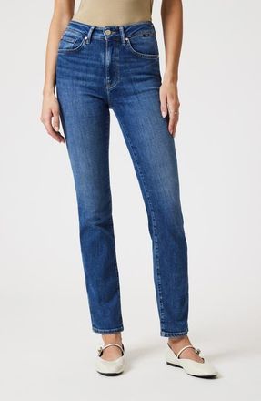 Mavi Kendra High Waist Straight Leg Jeans in Dark Brushed Feather Blue at Nordstrom, Size 28 X 32