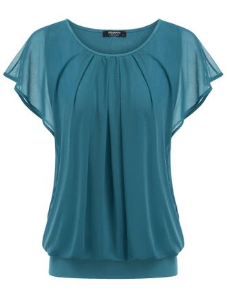 Zeagoo Womens Blouse Batwing Blouse Shirts Short Sleeve Tunic Top Flowers Mesh Tops Round Collar T-Shirt Blouse, turquoise, S