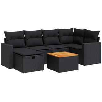 vidaXL Set De Sof&aacute;s De Jard&iacute;n 7 Pzas Con Cojines Rat&aacute;n Sint&eacute;tico Negro