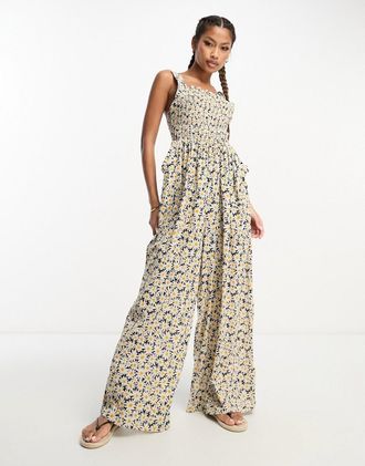 Asos shirred pinafore jumpsuit in daisy print-Multi