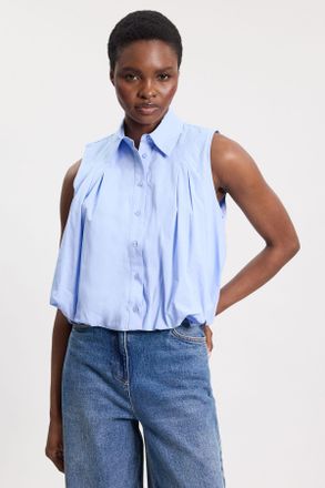 Karen Millen Womens Cotton Sleeveless Puffball Shirt - Pale Blue - Size 10 UK