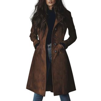 Generic Suede Jackets for Women Long Faux Suede Leather Jacket Vintage Classic Fitted Brown Shacket Coats Ladies Lapel Button Down Trench Coat with Pocket(Bro