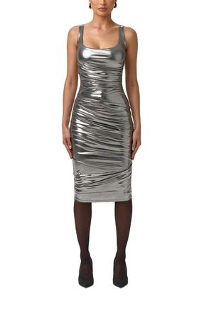 Naked Wardrobe Mirror Metallic Midi Dress in Gunmetal at Nordstrom, Size X-Large