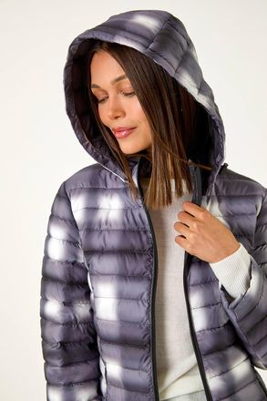 Roman Check Print Quilted Puffer Coat