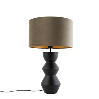 QAZQA Dise&ntilde;o L&aacute;mpara De Mesa De Dise&ntilde;o Con Pantalla De Terciopelo Negro Topo Con Dorado 35 Cm - Alisia Cer&aacute;mica Redonda Adecuado Para Led Max. 1 X 40 Watt -