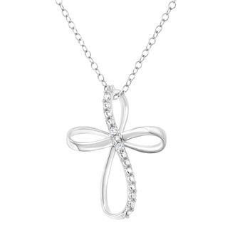 House of Brilliance 925 Sterling Silver Diamond Accent Cross Ribbon 18 Pendant Necklace