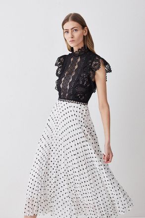 Karen Millen Tall Guipure Lace Dot Pleated Skirt Midi Dress