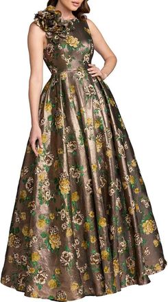Mac Duggal Sleeveless Brocade Ballgown With 3D Flower in Gold at Nordstrom, Size 16
