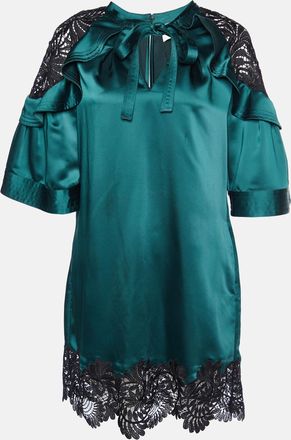 Self Portrait Dark Green Satin & Lace Shift Dress