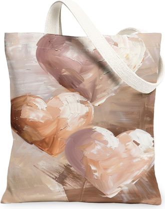 Generic Artistic Heart Pattern Canvas Tote Bags, Vintage Floral Lightweight Reusable Grocery Bags for Spring Summer Outdoor Travel, Peach, 13x15 Inch