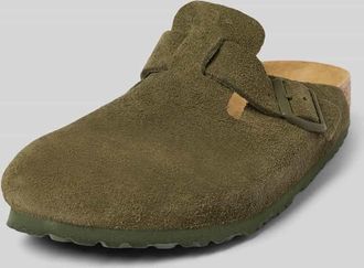 Birkenstock Lederslides mit Dornschlie&szlig;e Modell BOSTON in Dunkelgruen, Gr&ouml;&szlig;e 41