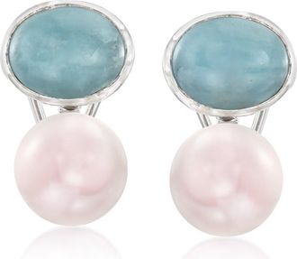 Ross-Simons 13.5-14mm Cultured Pearl and Aquamarine Earrings in Sterling Silver