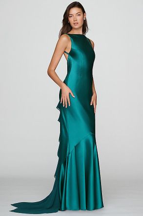 Retrof&ecirc;te Ambrosia Straight-Neck Ruffled Satin Maxi Dress