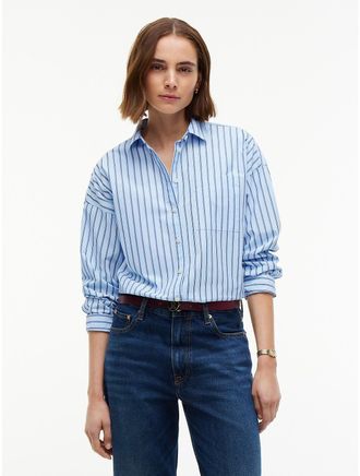 Tommy Hilfiger Womens Relaxed Fit Striped Poplin Pocket Shirt - Light Blue - XXL