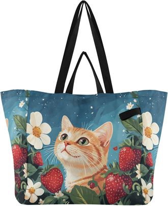 Generic Cat Strawberries Blue pattern Reusable Canvas Tote Bag, Heavy Duty Grocery Shopping Bag with Double Handles Hard Bottom Large Capacity Work Groceries 