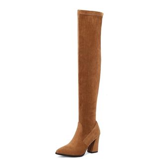 Generic Womens Faux Suede Over The Knee Thigh High Boots Pointed Toe Block Heel Pull On Warm Winter Shoes (7.5,Brown)