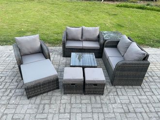 Fimous 8 Piece Garden Furniture Sets 8 Seater Outdoor Patio Furniture Set Weaving Wicker Rattan Sofa Chair & Table with 3 Footstools in Dark Grey