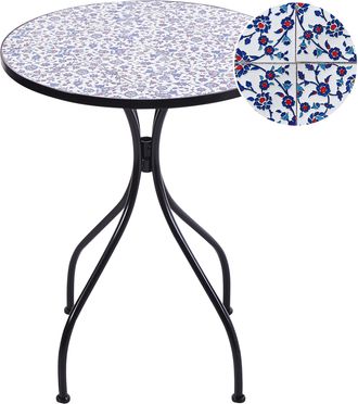Beliani Mesa De Balc&oacute;n Exterior Metal Estilo Vintage Estructura Hierro Negro Tablero De Mosaico Azul Camprena