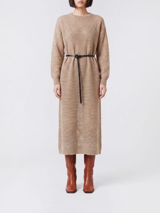 Brunello Cucinelli Mohair Blend Midi Knit Dress with Belt and Crewneck