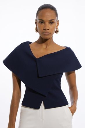 Karen Millen Womens Compact Stretch Asymmetric Collar Tailored Top - Navy - Size 6 UK