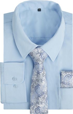 Alizeal Mens Long Sleeve Shirt and Necktie Set Formal Casual Business Wedding Button Down Dress Shirt and Tie Set, Light Blue-3XL