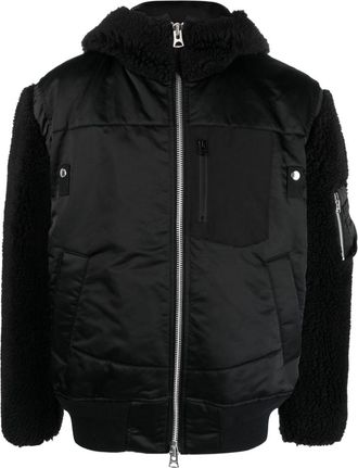 sacai panelled zip-up hooded jacket - men - Polyester/Nylon/Polyester/Wool/Cotton - 2 - Black