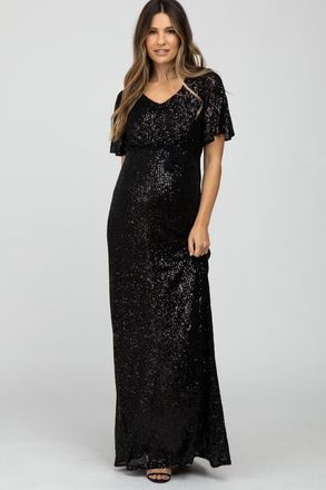 Pinkblush Sequin Short Sleeve Maxi Dress in Black at Nordstrom, Size Medium