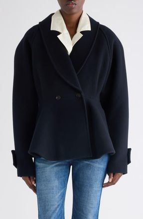 Chlo&eacute; Double Breasted Wool Blend Peplum Jacket in Iconic Navy at Nordstrom, Size 10 Us