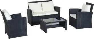 Happy Garden Conjunto de jard&iacute;n 4 plazas en resina trenzada negra y cojines crema