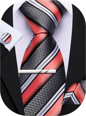 Barry.Wang Coral Black Grey Tie with Tie Clip for Men Striped Silk Necktie Pocket Square Cufflinks Set Formal Business Wedding Party
