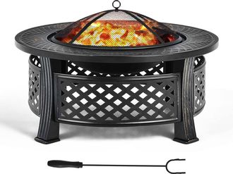 Costway Costway - Brasero Exterior Jard&iacute;n &Oslash; 81 Cm Redondo 3 En 1, Chimenea Portatil Con Parrilla Para Barbacoa, Rejilla Para Le&ntilde;a, Cubierta Para Lluvia, Para 