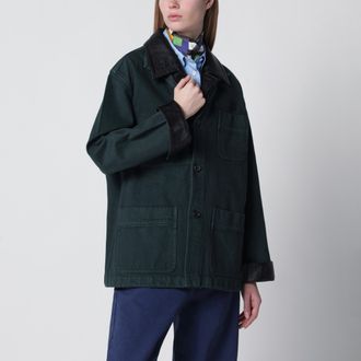 Miu Miu Giacca verde bottiglia in gabardine e pelle