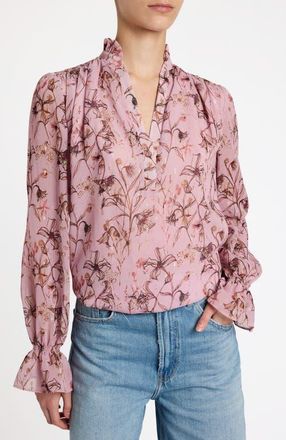 Santorelli Chelsea Long Sleeve Ruffle Neck Blouse in Printed Georgette in Sweet Pink at Nordstrom, Size 14