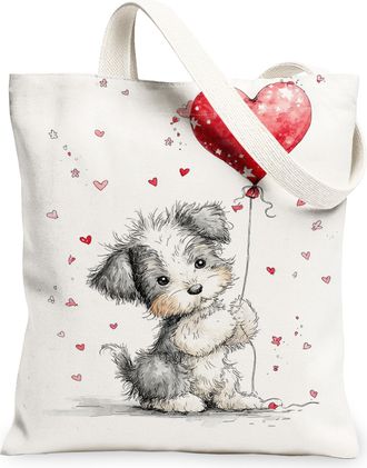 Generic Cute Dog Canvas Tote Bag, Adorable Puppy Love Pattern Reusable Grocery Bags, Lightweight Washable Shoulder Strap Canvas Bag, White, 13x15 Inch