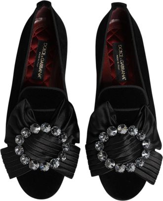 Dolce & Gabbana Mens Black Vaticano Crystal Ribbon Slip On Shoes Cotton