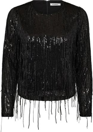 Co'Couture Overhemden, Dames, Zwart, L, Sequin Crop Blouse met Franjes