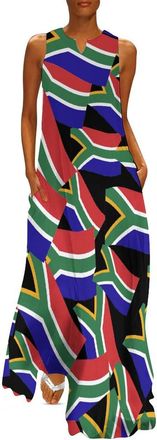 Generic Waving South African Flag Womens Maxi Dresses Sleeveless Ankle Length Ruffle Flowy Dress Casual Sundress with Pockets L
