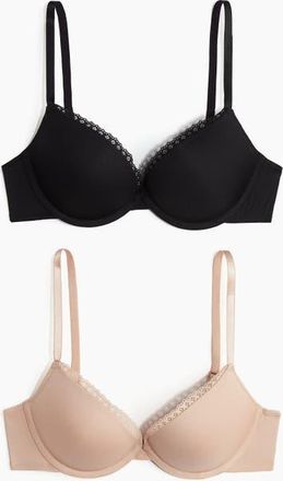H&M 2-pack Microfibre Super Push-up Bras in Black/beige at Nordstrom, Size 36D
