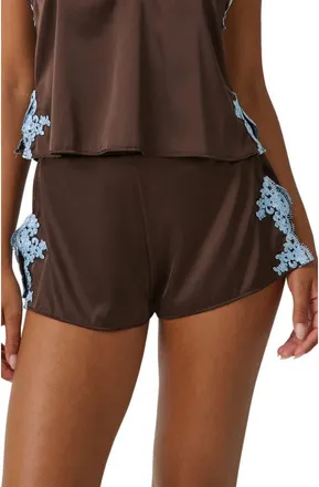Kat The Label Cinderella Lace Trim Satin Tap Shorts in Espresso at Nordstrom, Size Xx-Large