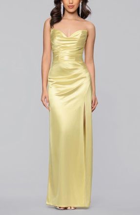 Blondie Nites Glam Ruched Strapless Satin Gown in Yellow at Nordstrom, Size 13