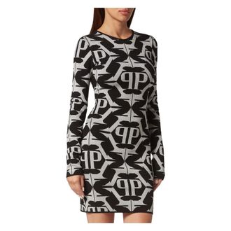 Philipp Plein Kleedjes, Dames, Zwart, L, Leer, Viscose & Lurex Mini Jurk Hexagon