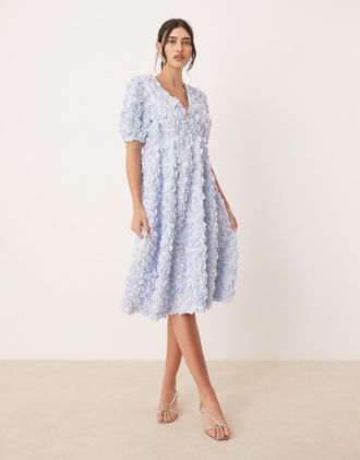 Vero Moda 3D floral textured v neck midi dress in soft blue